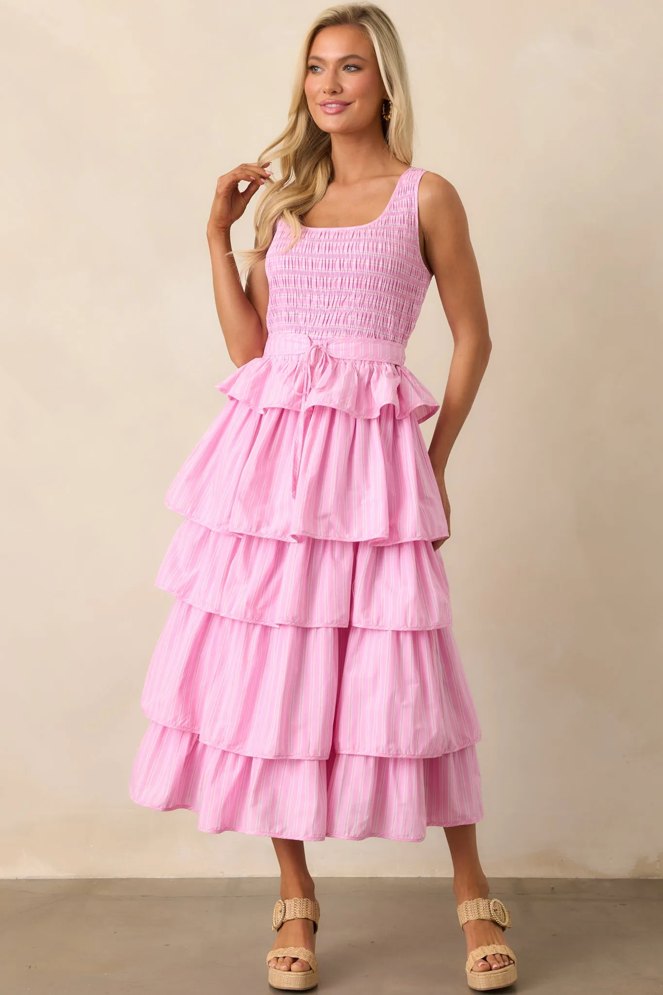 On Cloud Nine Pink Stripe Cotton Ruffle Maxi Dress