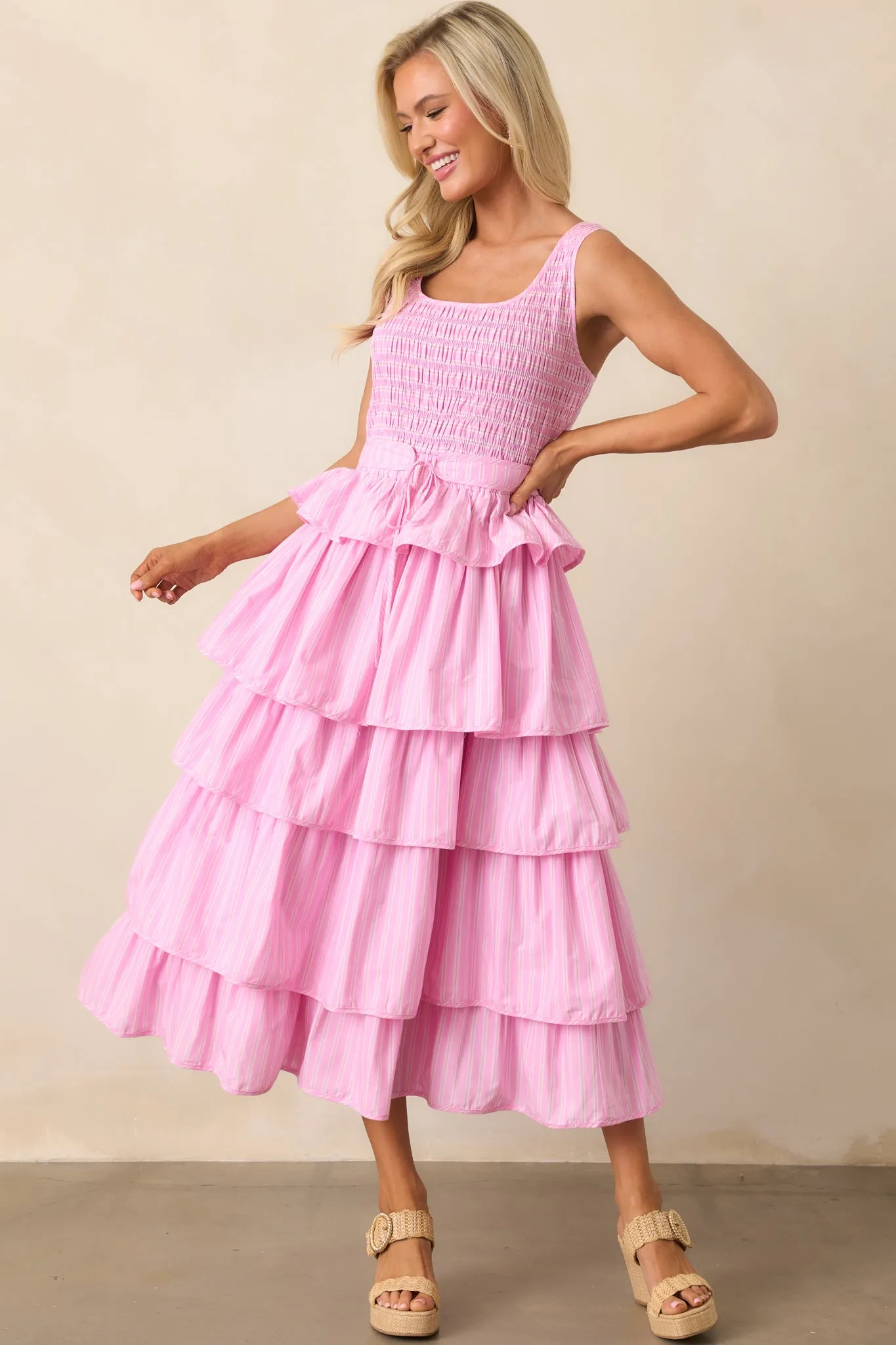 On Cloud Nine Pink Stripe Cotton Ruffle Maxi Dress