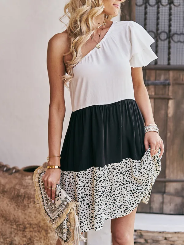 One Shoulder Dress with Leopard Print and Ruffle Sleeve
