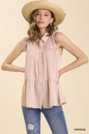 Orange Pinstripe Tiered Button Front Tank