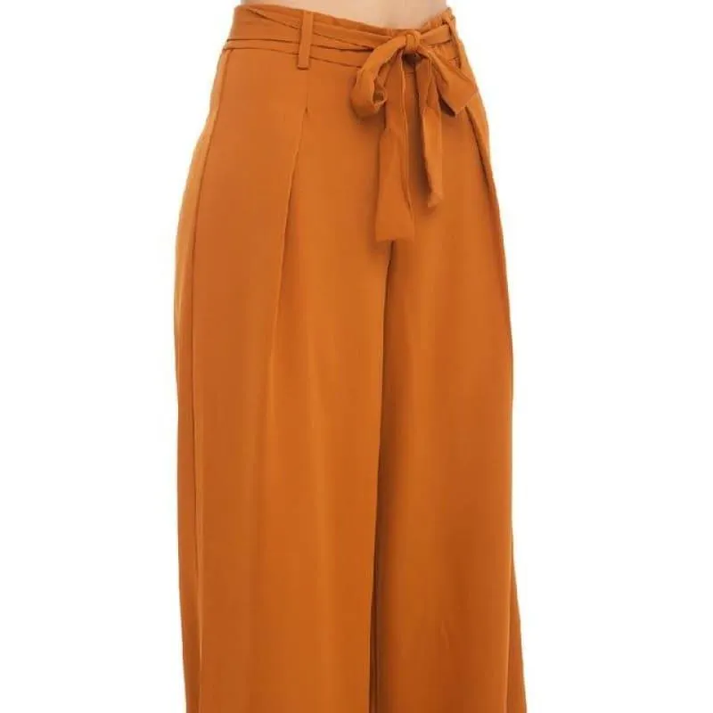 Orange Wide Leg Chiffon High Waist Tie Front Trousers Pants