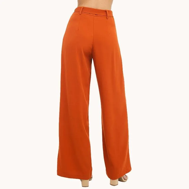 Orange Wide Leg Chiffon High Waist Tie Front Trousers Pants