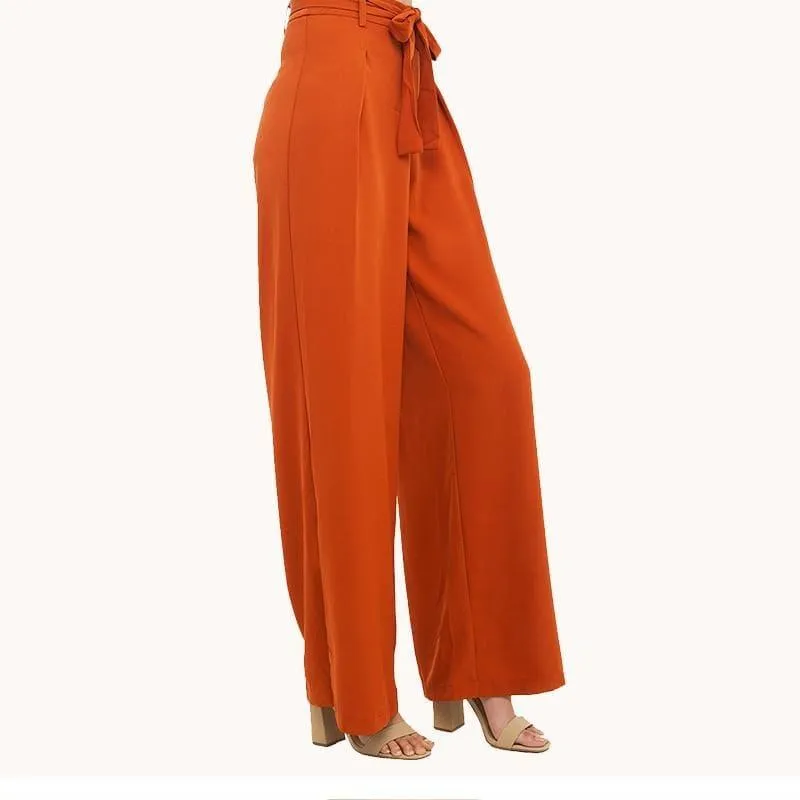 Orange Wide Leg Chiffon High Waist Tie Front Trousers Pants