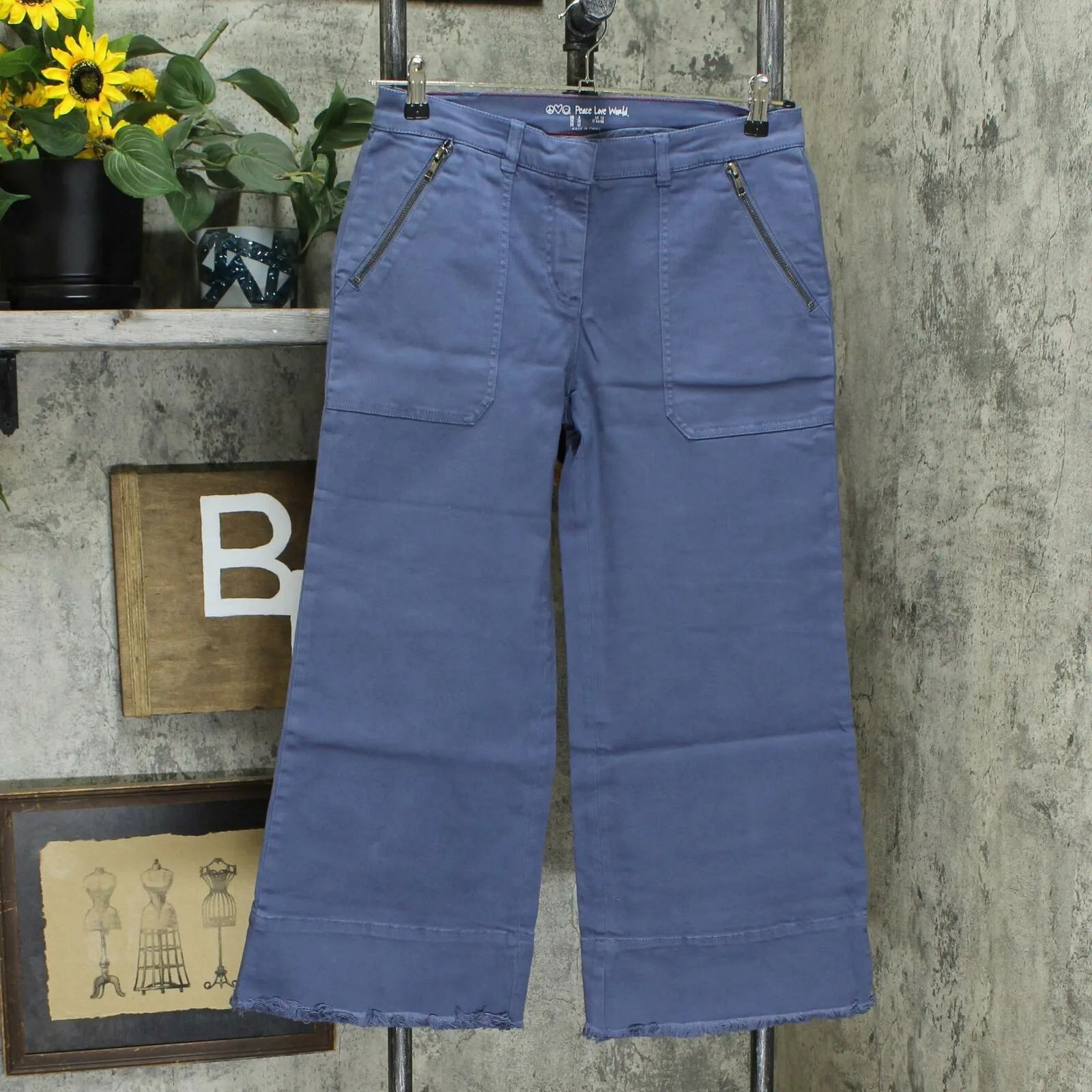 Peace Love World Women's Twill Raw Hem Wide Leg Crop Pants