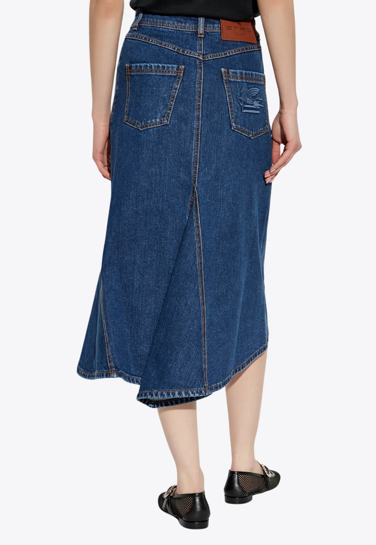 Pegaso Asymmetric Denim Midi Skirt
