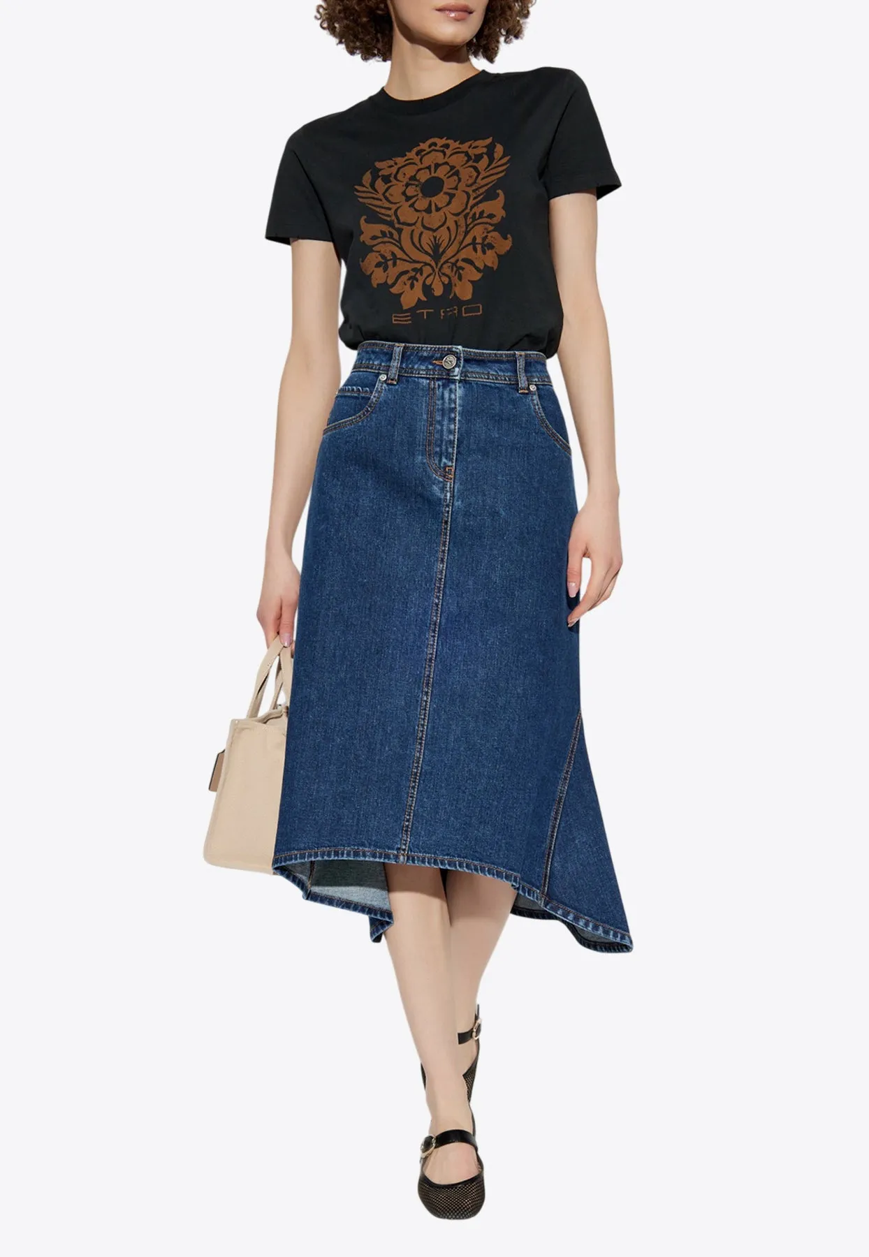 Pegaso Asymmetric Denim Midi Skirt