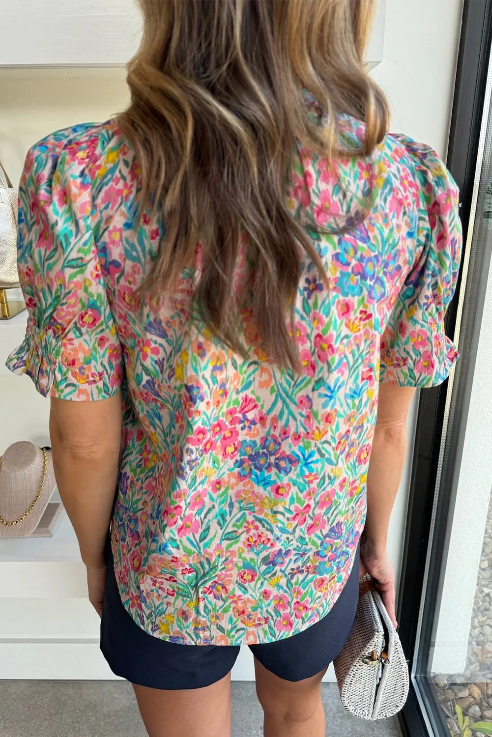 Pink Blooming Print Button Split Neck Puff Sleeve Blouse
