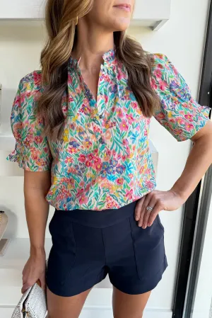 Pink Blooming Print Button Split Neck Puff Sleeve Blouse