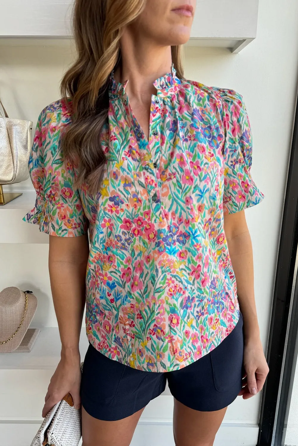 Pink Blooming Print Button Split Neck Puff Sleeve Blouse