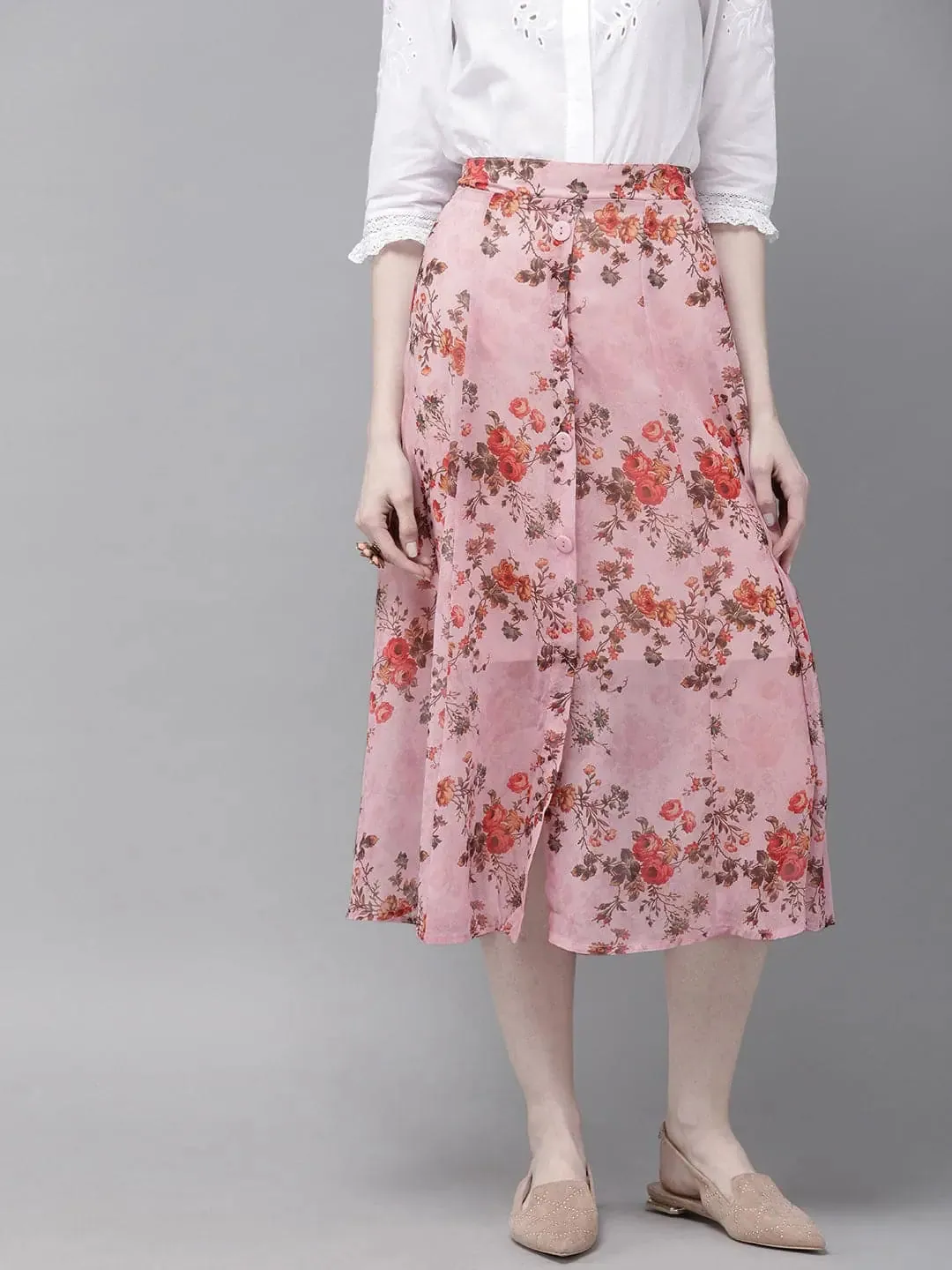 Pink Floral A-Line Skirt