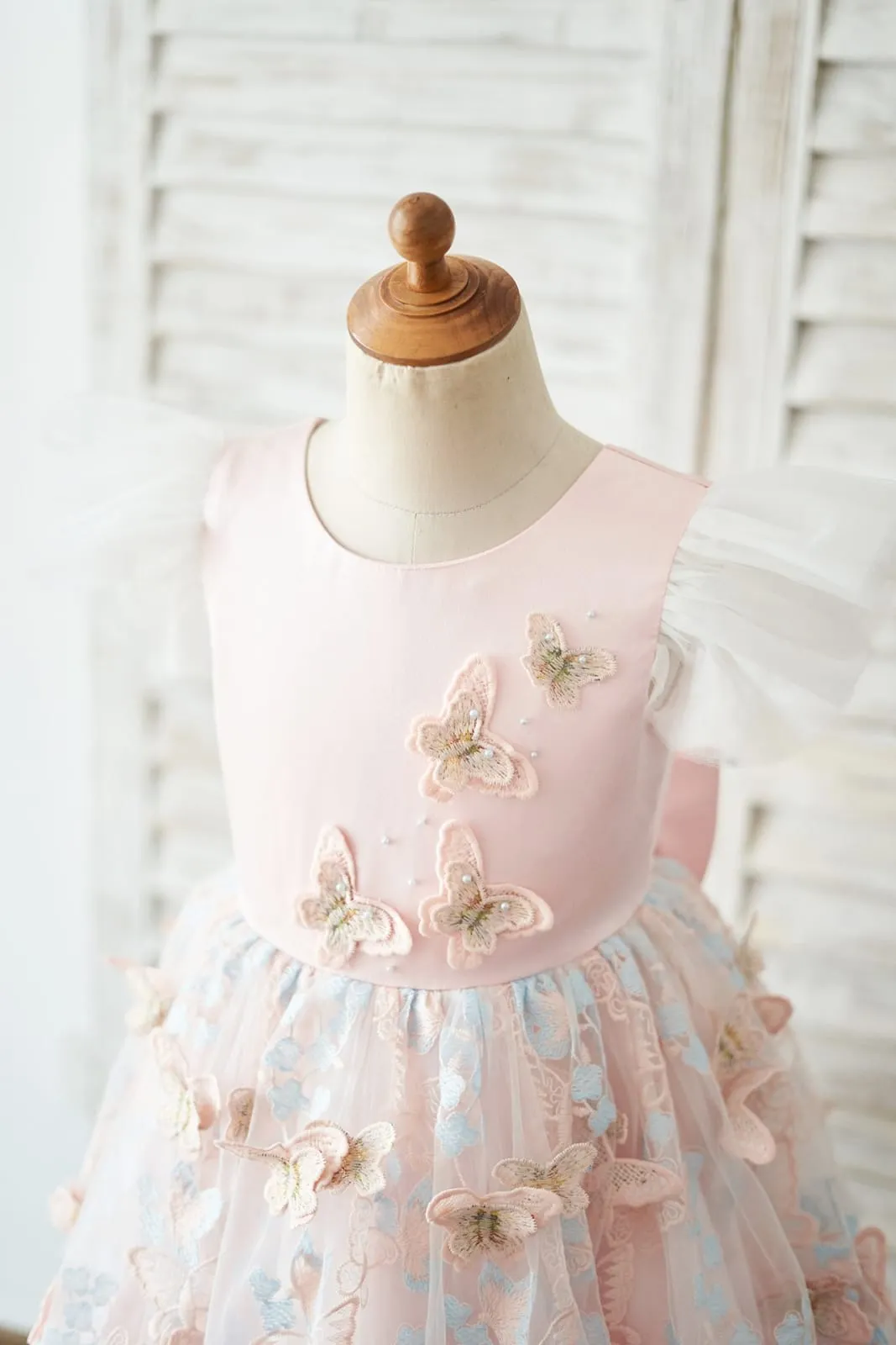 Pink Satin Butterfly Tulle Ruffles Cap Sleeves V Back Wedding Flower Girl Dress