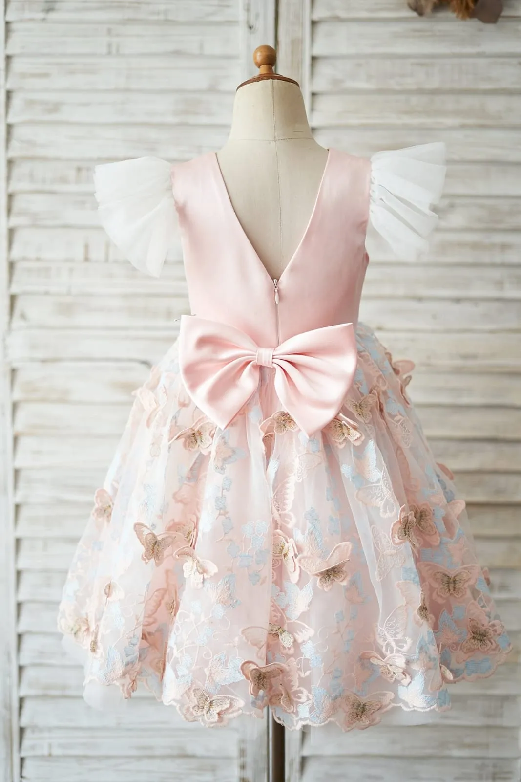 Pink Satin Butterfly Tulle Ruffles Cap Sleeves V Back Wedding Flower Girl Dress