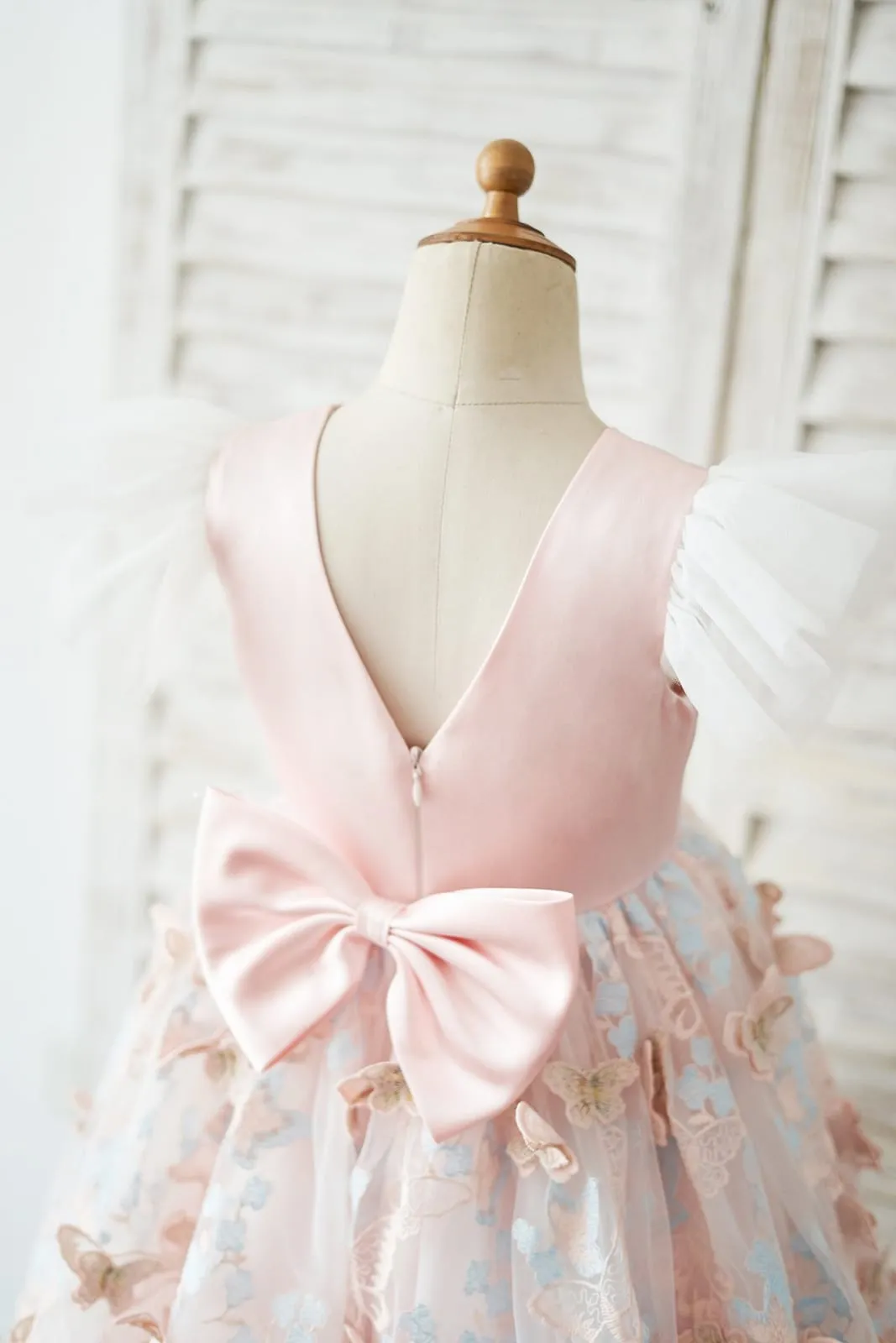 Pink Satin Butterfly Tulle Ruffles Cap Sleeves V Back Wedding Flower Girl Dress