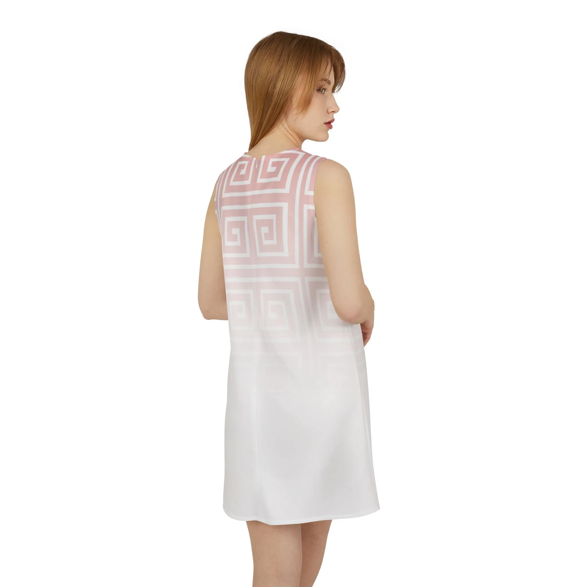 Pink White Greek Key Black A-line Sleeveless Dress