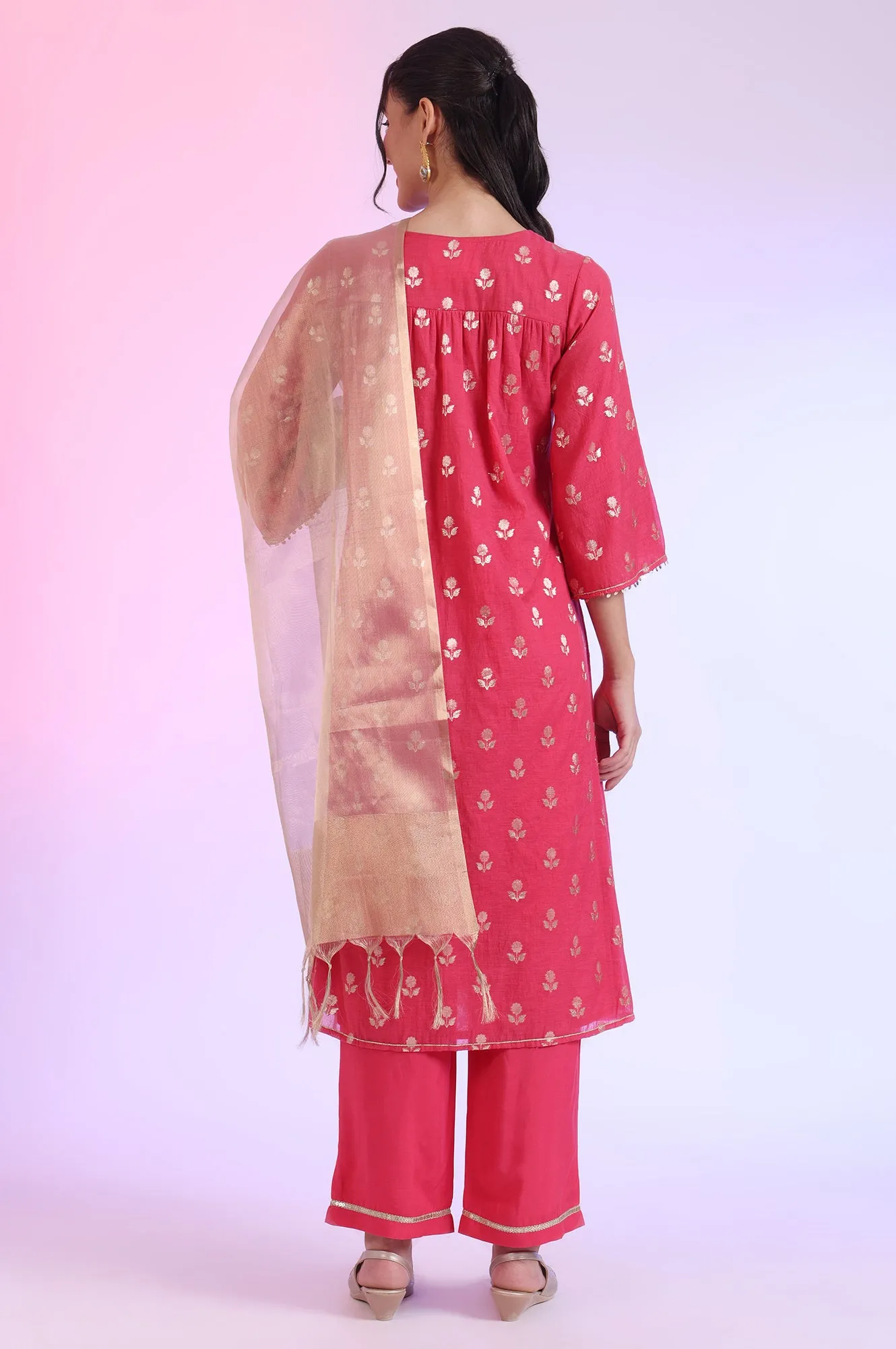 Pink Yarn Dyed Blend A-Line Kurta with Palazzos & Dupatta Set