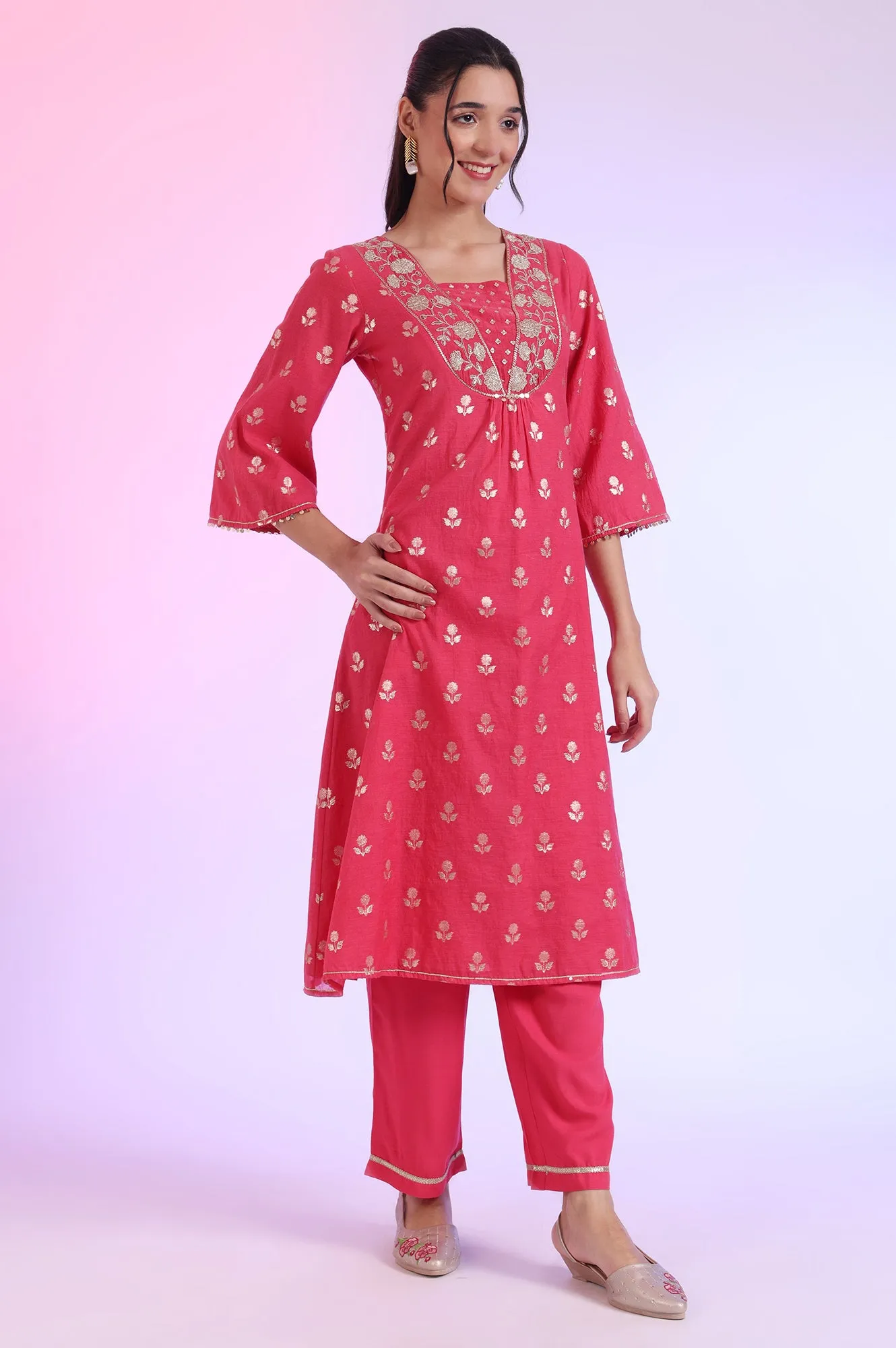 Pink Yarn Dyed Blend A-Line Kurta with Palazzos & Dupatta Set