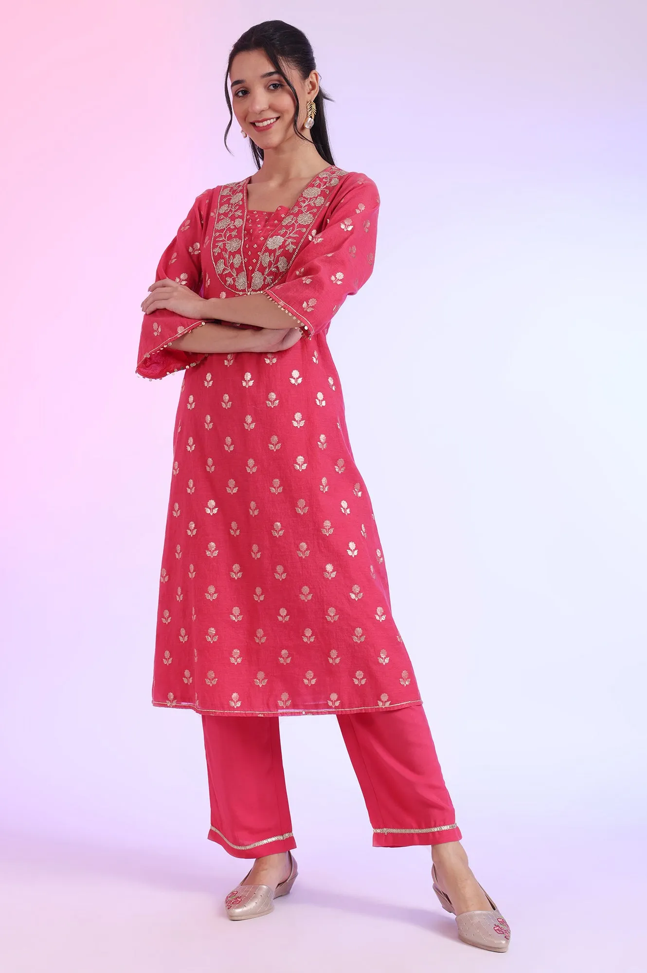 Pink Yarn Dyed Blend A-Line Kurta with Palazzos & Dupatta Set