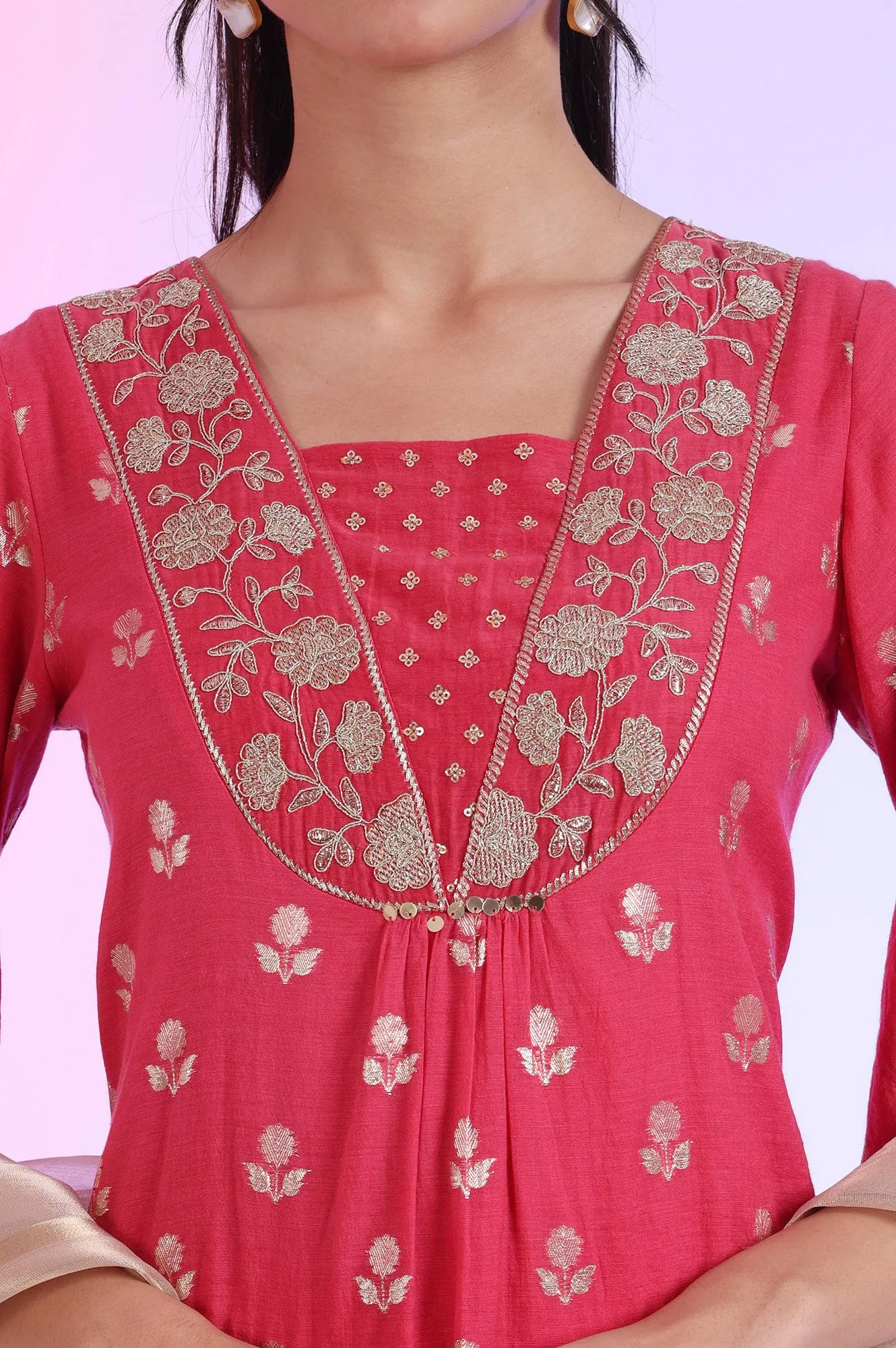 Pink Yarn Dyed Blend A-Line Kurta with Palazzos & Dupatta Set