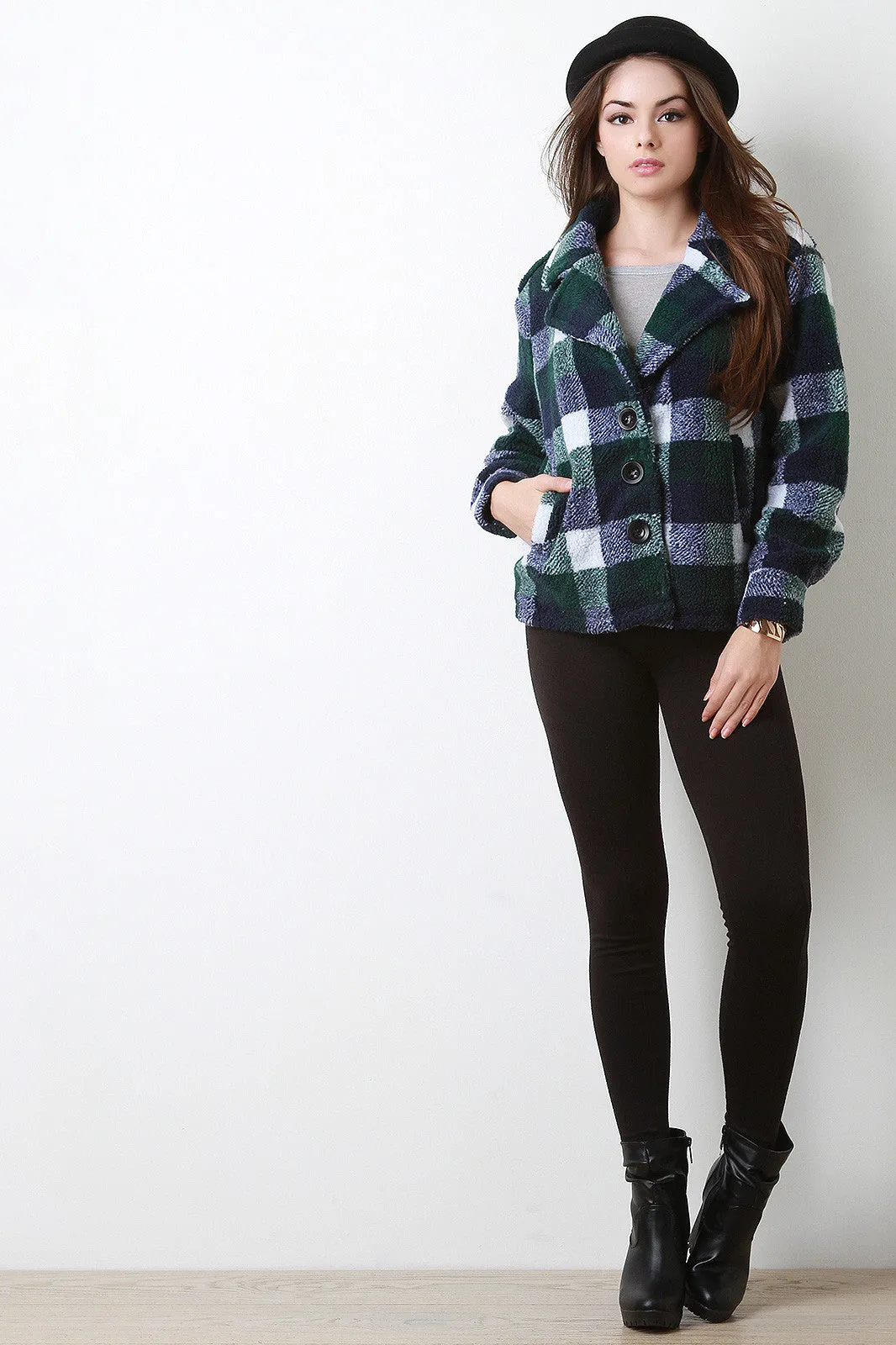 Plaid Fleece Button Up Jacket