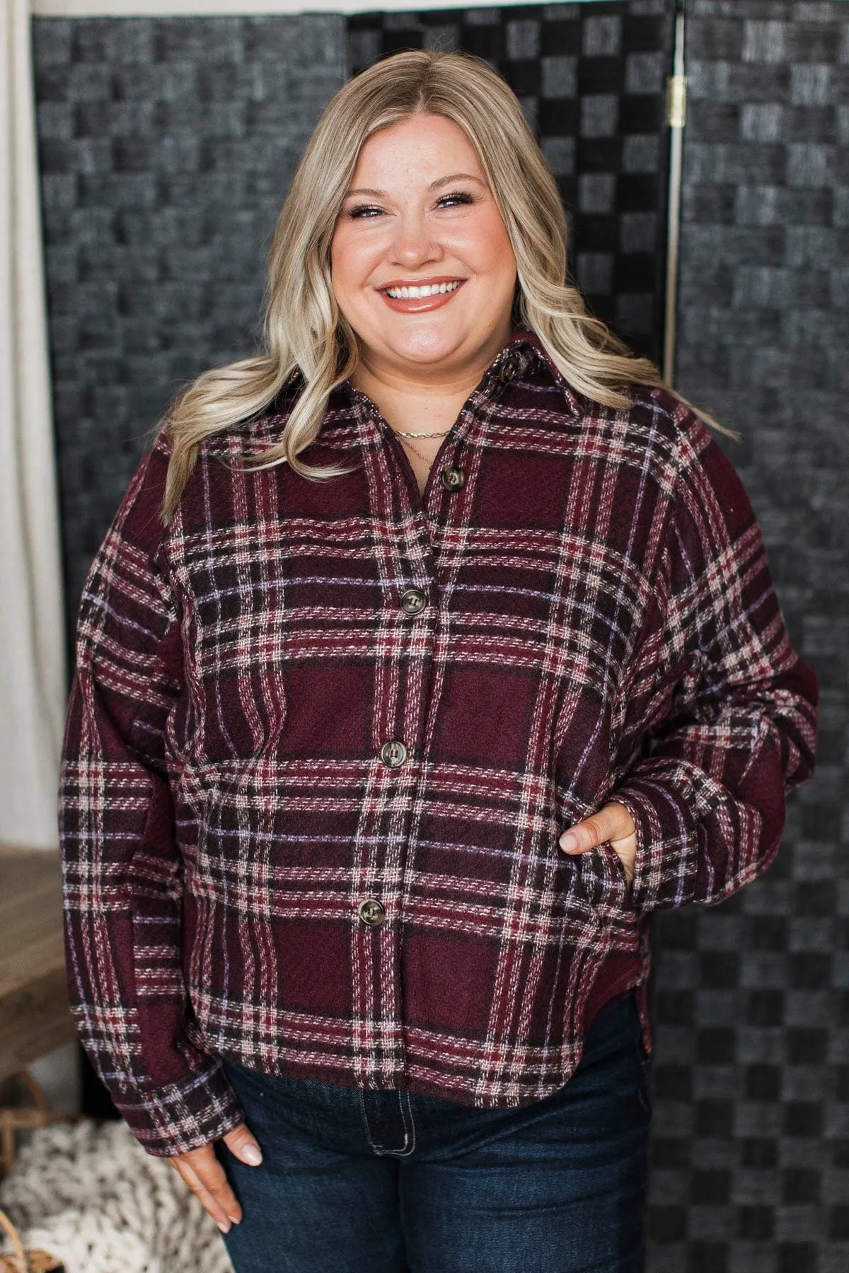 Pleasing Moments Plaid Jacket- Wine