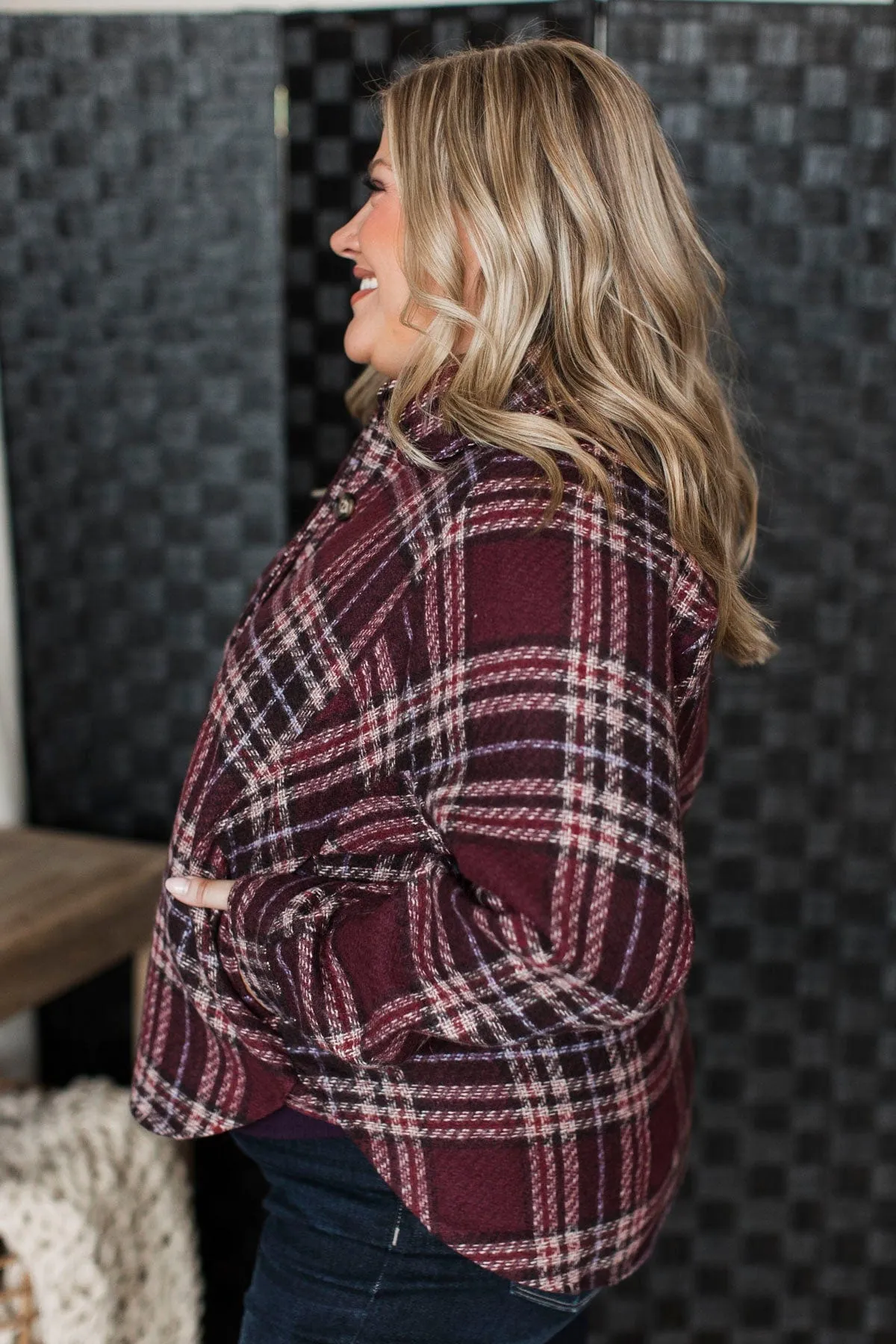 Pleasing Moments Plaid Jacket- Wine