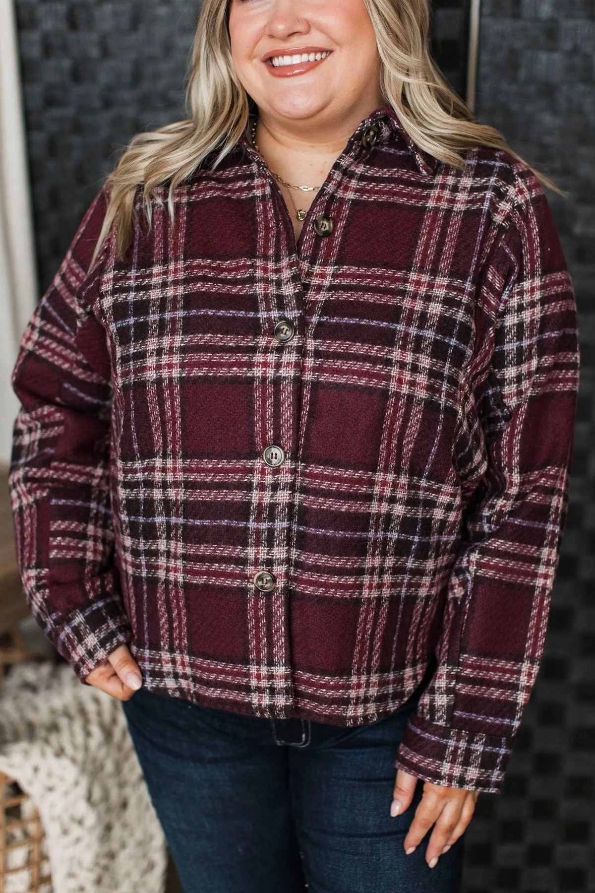 Pleasing Moments Plaid Jacket- Wine
