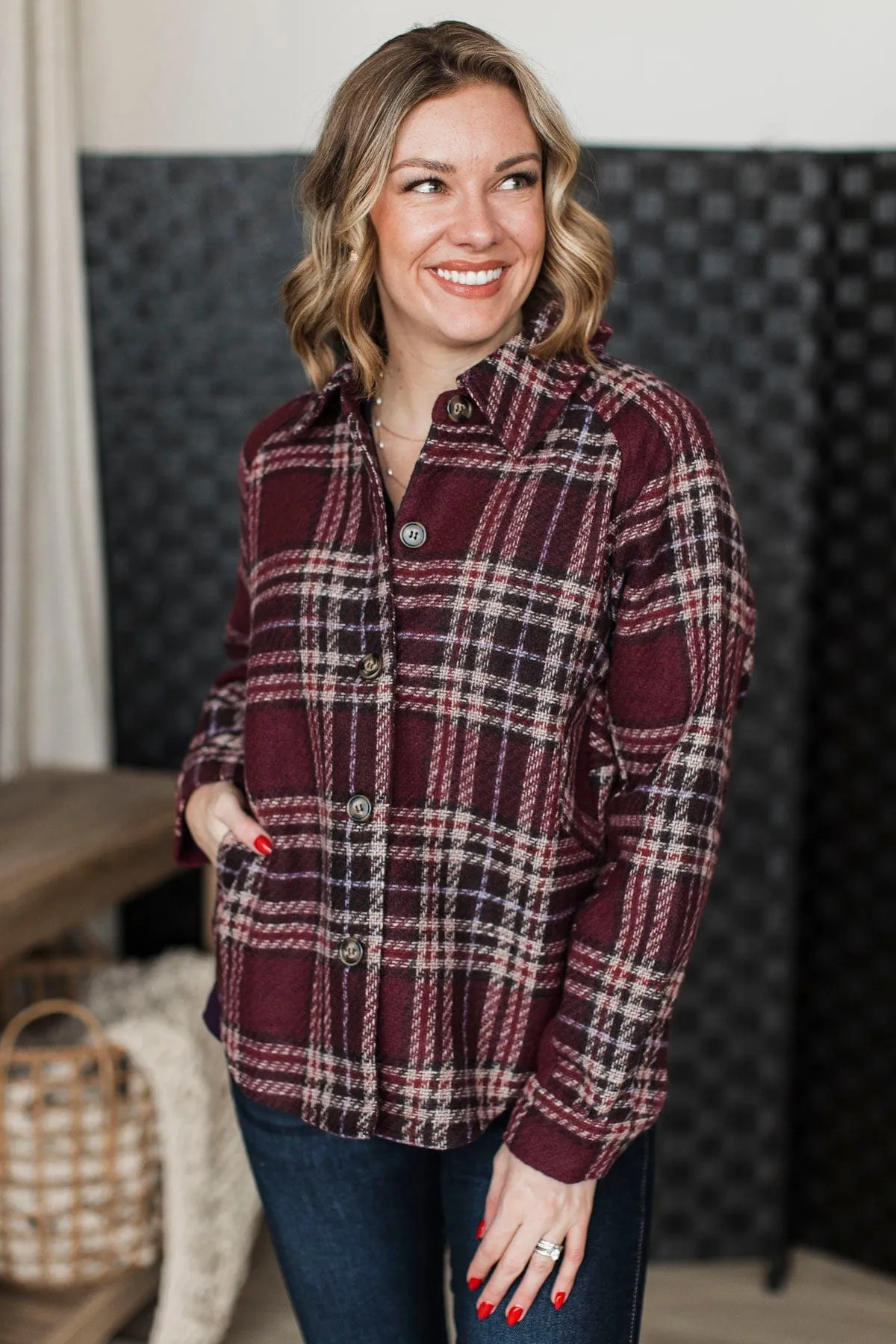 Pleasing Moments Plaid Jacket- Wine