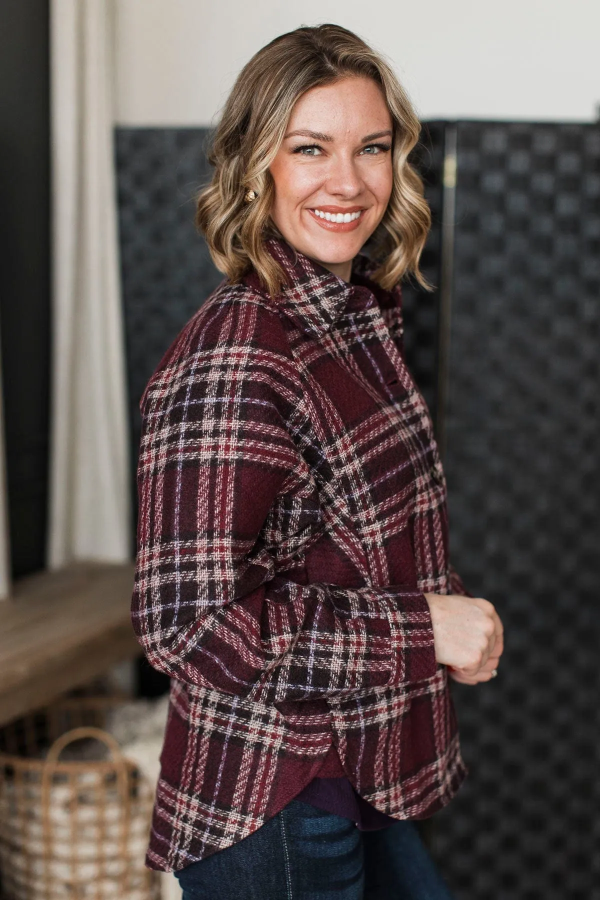 Pleasing Moments Plaid Jacket- Wine