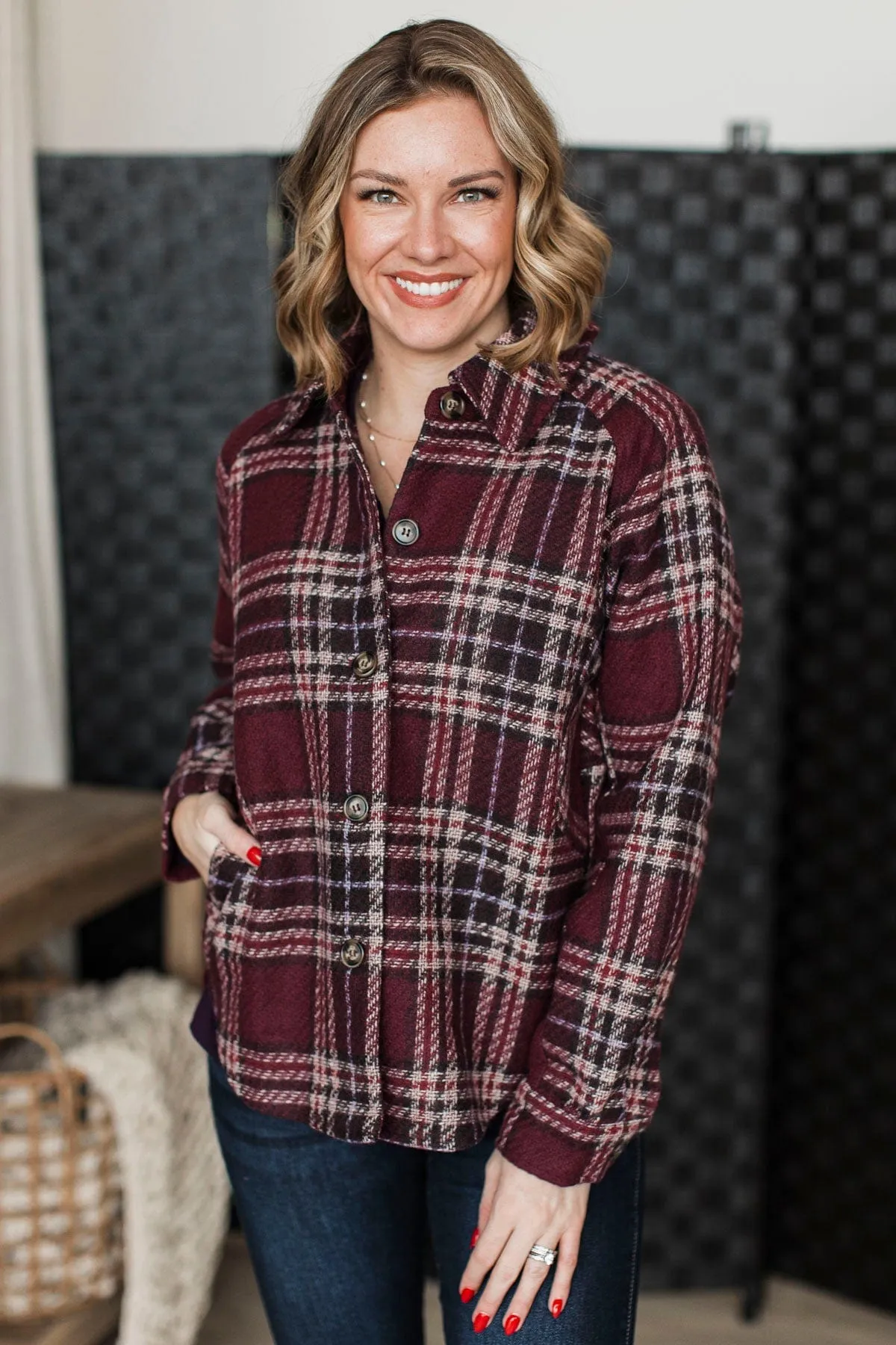 Pleasing Moments Plaid Jacket- Wine