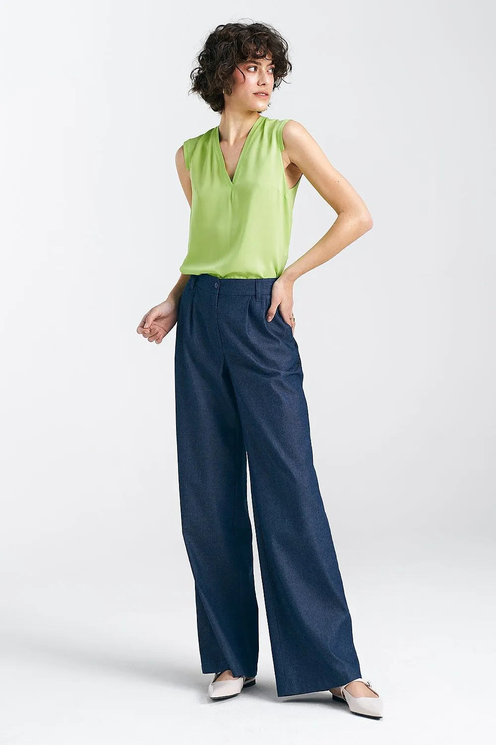 Pleated Front Wide-Leg Trousers