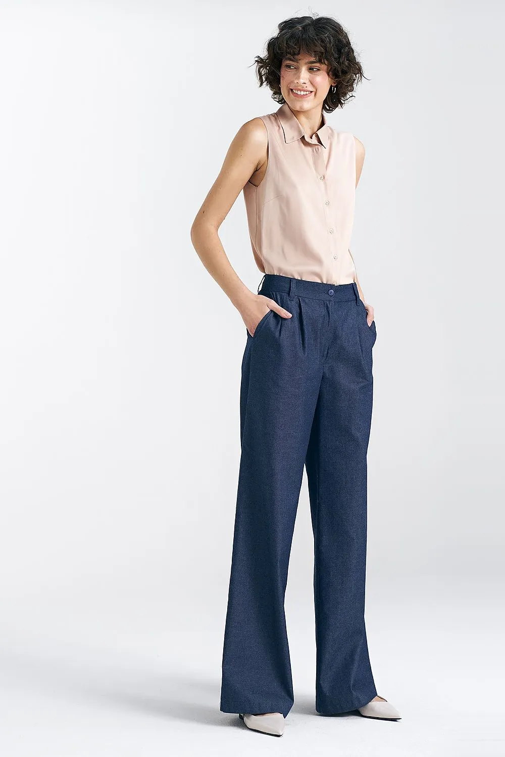 Pleated Front Wide-Leg Trousers