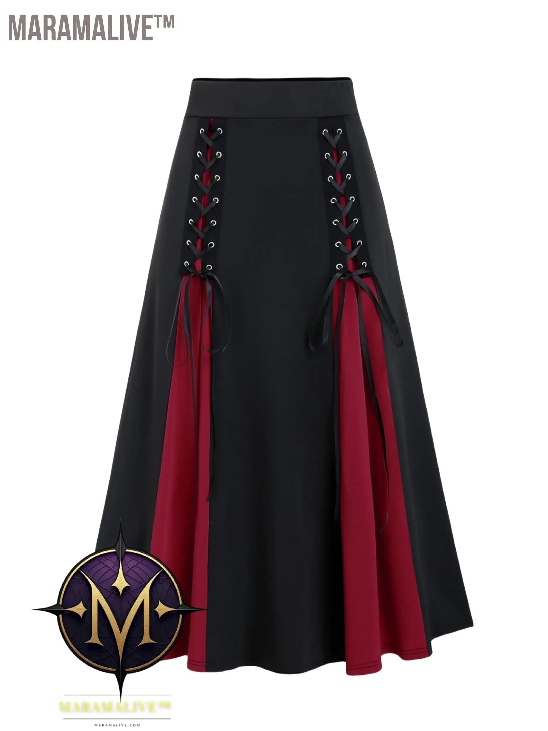 Plus Size Goth Skirt, Women's Plus Colorblock Grommet Lace Up Medium Stretch A-line Skirt