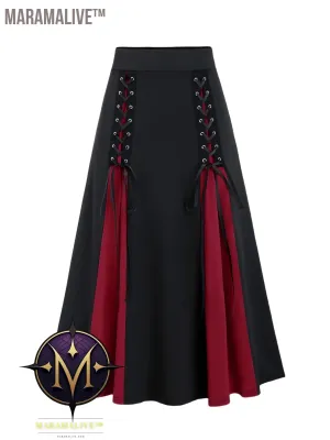 Plus Size Goth Skirt, Women's Plus Colorblock Grommet Lace Up Medium Stretch A-line Skirt
