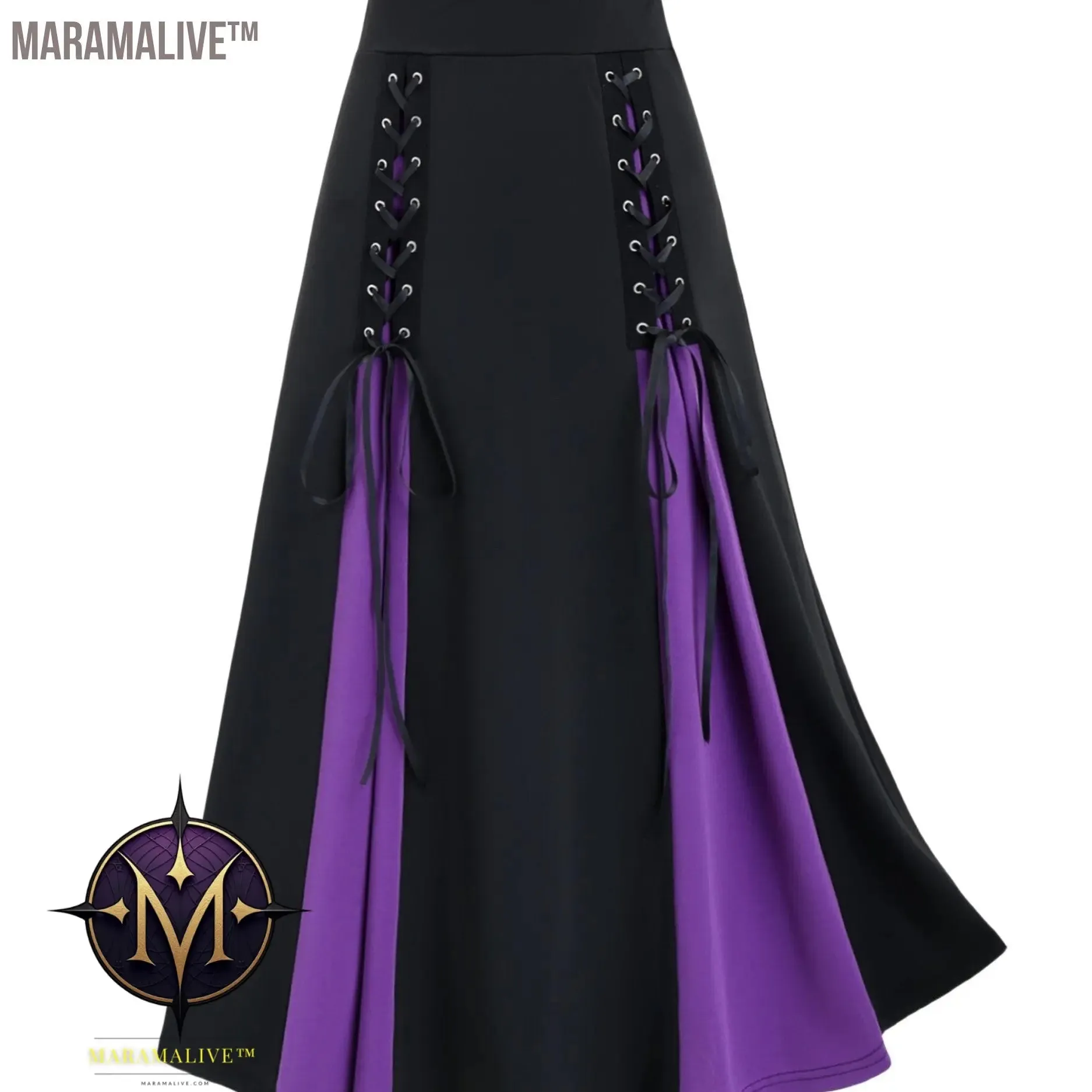 Plus Size Goth Skirt, Women's Plus Colorblock Grommet Lace Up Medium Stretch A-line Skirt