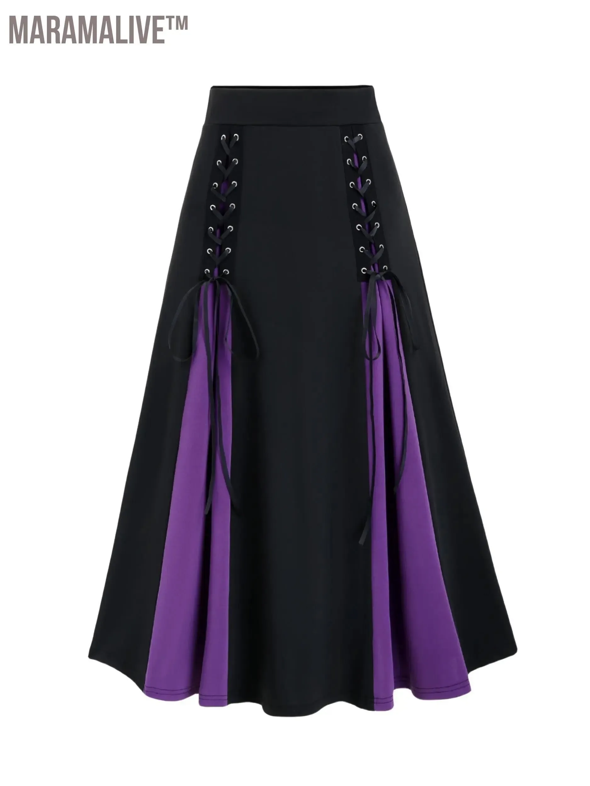 Plus Size Goth Skirt, Women's Plus Colorblock Grommet Lace Up Medium Stretch A-line Skirt