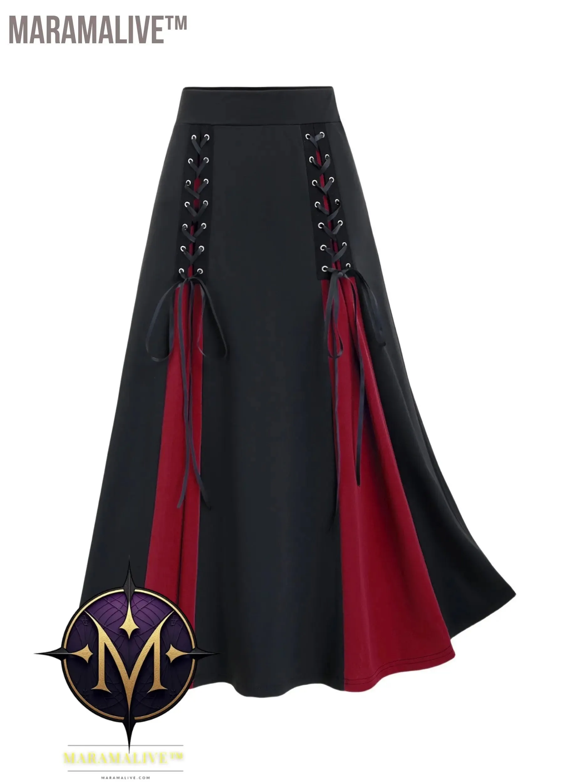 Plus Size Goth Skirt, Women's Plus Colorblock Grommet Lace Up Medium Stretch A-line Skirt