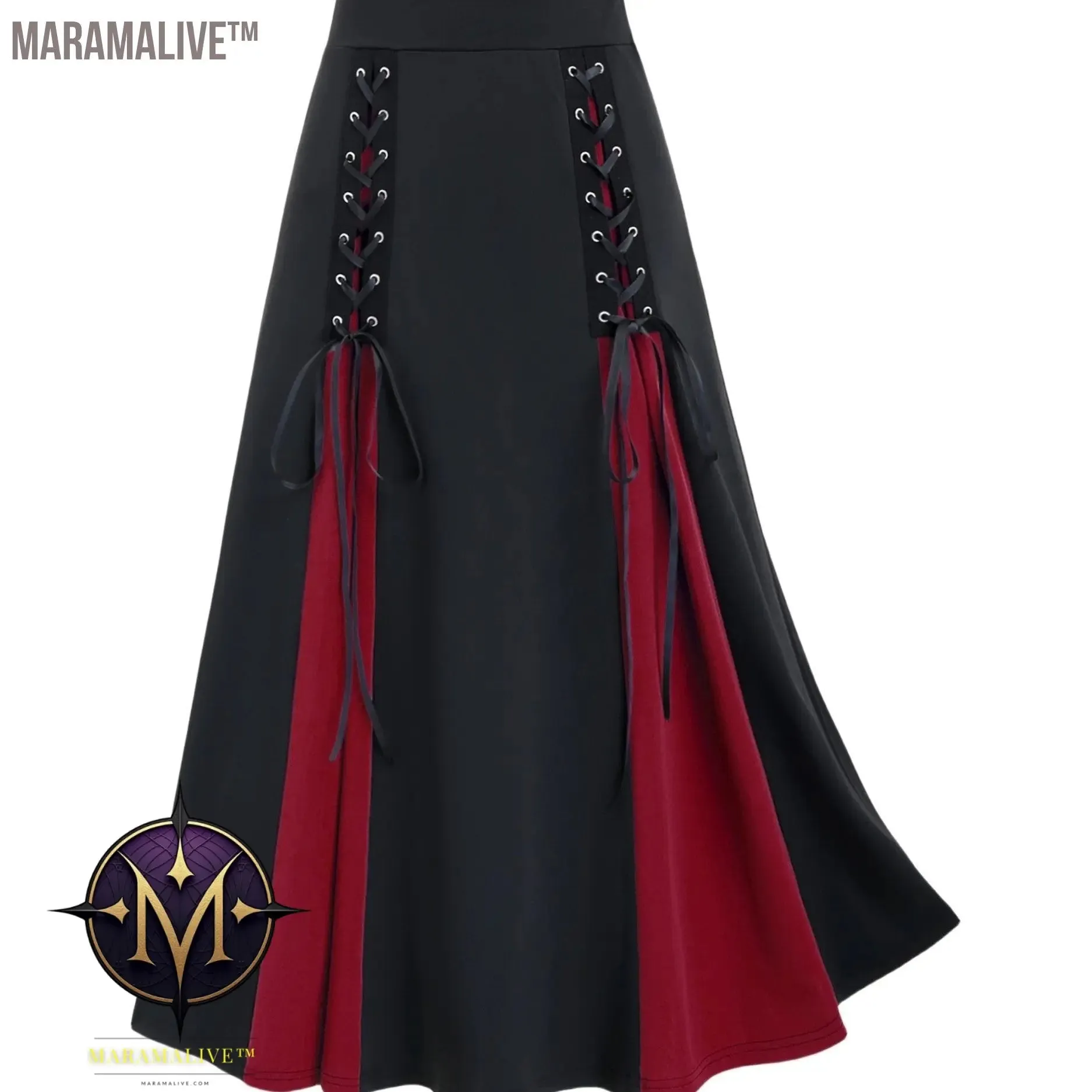 Plus Size Goth Skirt, Women's Plus Colorblock Grommet Lace Up Medium Stretch A-line Skirt