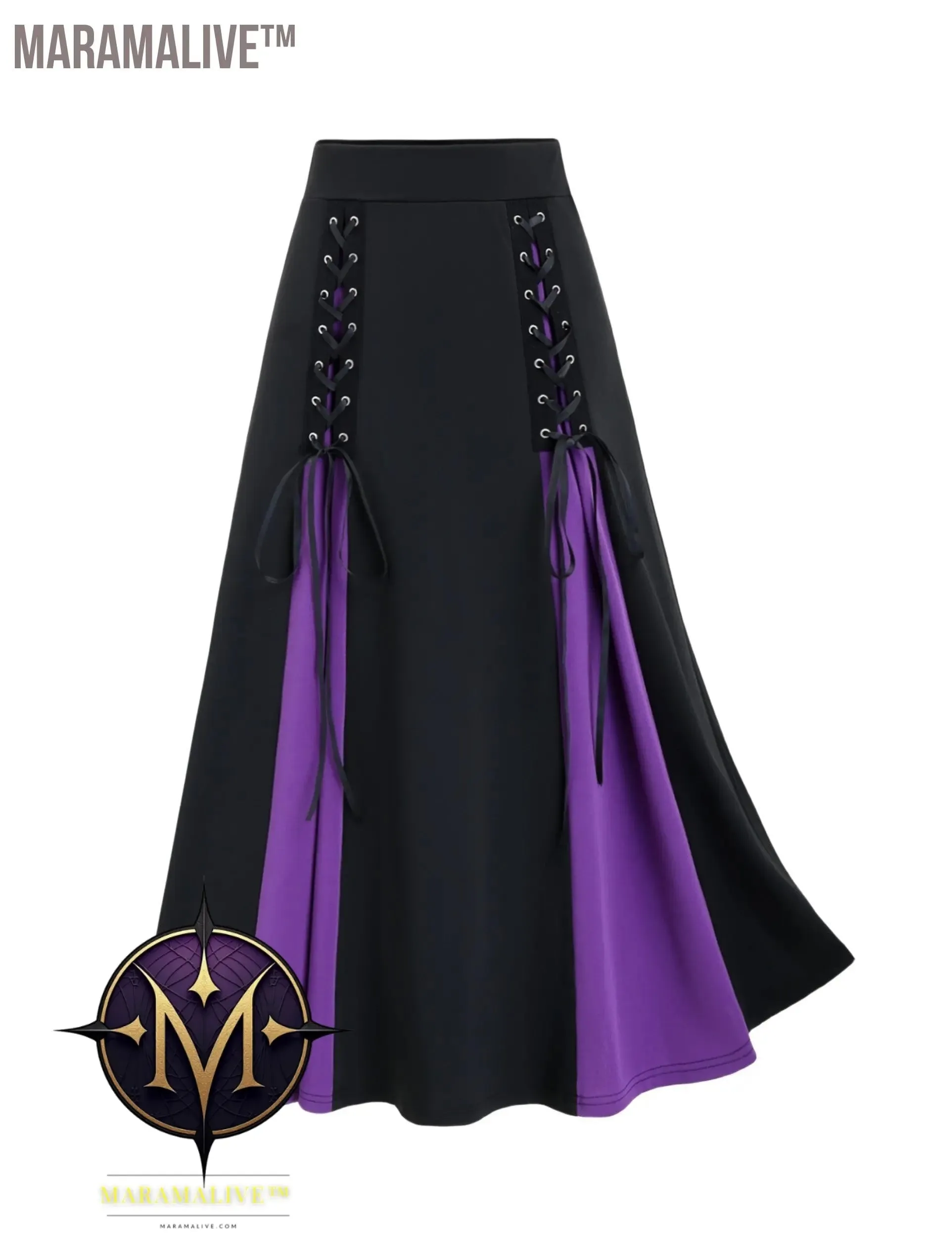 Plus Size Goth Skirt, Women's Plus Colorblock Grommet Lace Up Medium Stretch A-line Skirt
