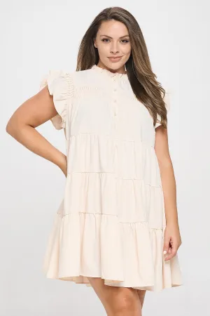PLUS SIZE RUFFLE CAP SLEEVE TIERED SOLID DRESS