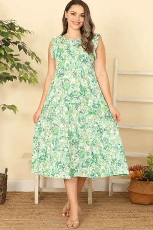 PLUS SIZE RUFFLE SLEEVELESS ROUND NECK PAISLEY PRINT MIDI DRESS