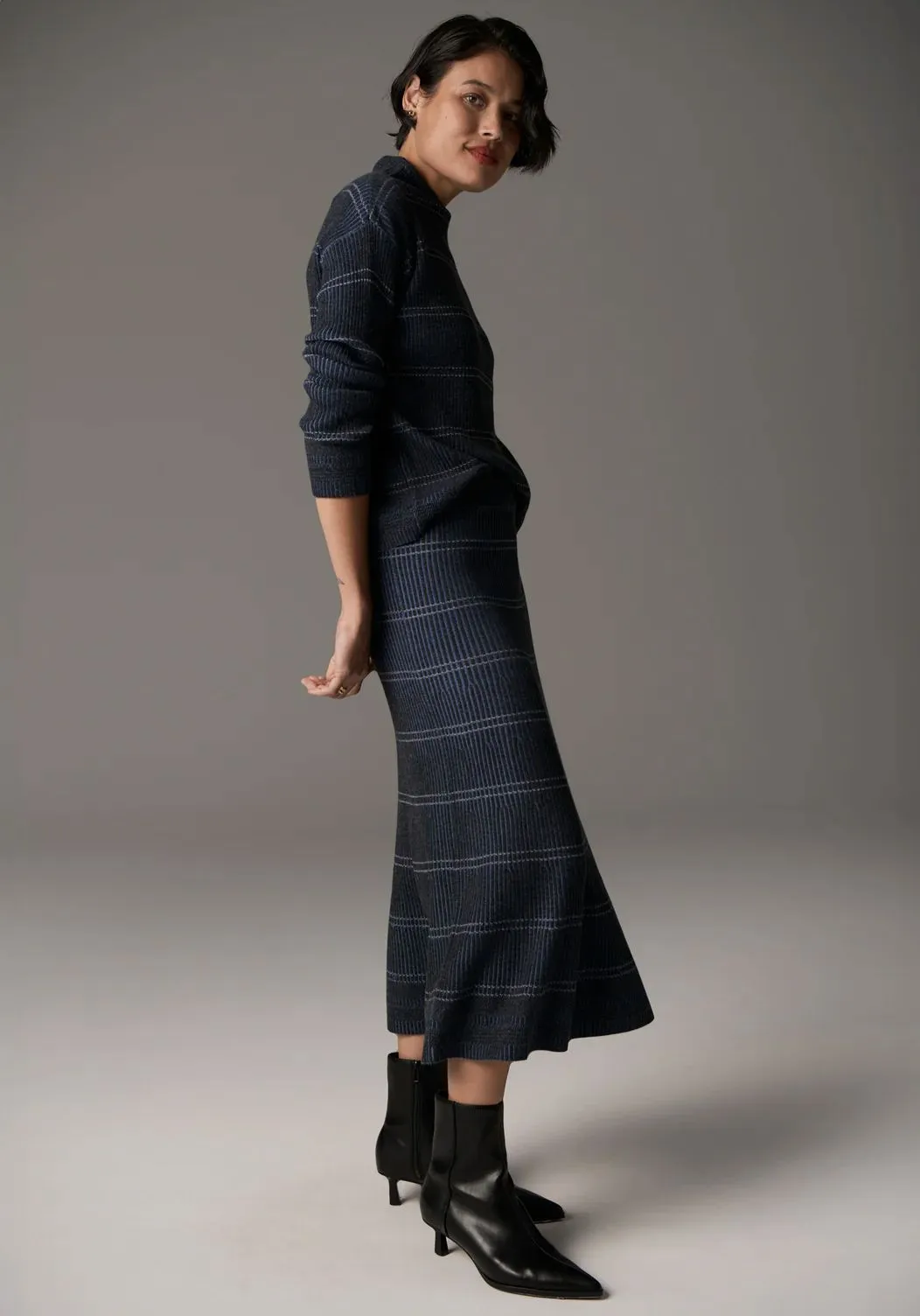 POL Lara Knit Stripe Skirt - Charcoal / Blue