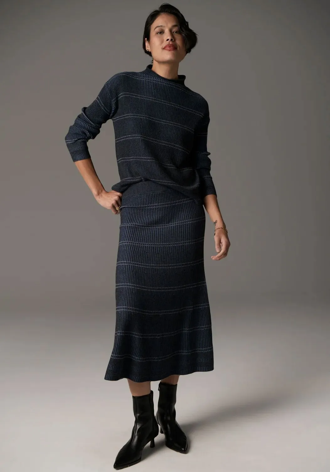 POL Lara Knit Stripe Skirt - Charcoal / Blue