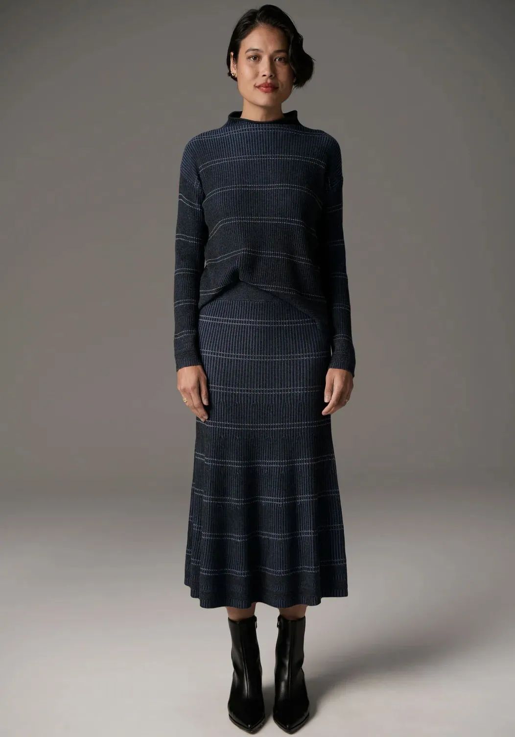 POL Lara Knit Stripe Skirt - Charcoal / Blue