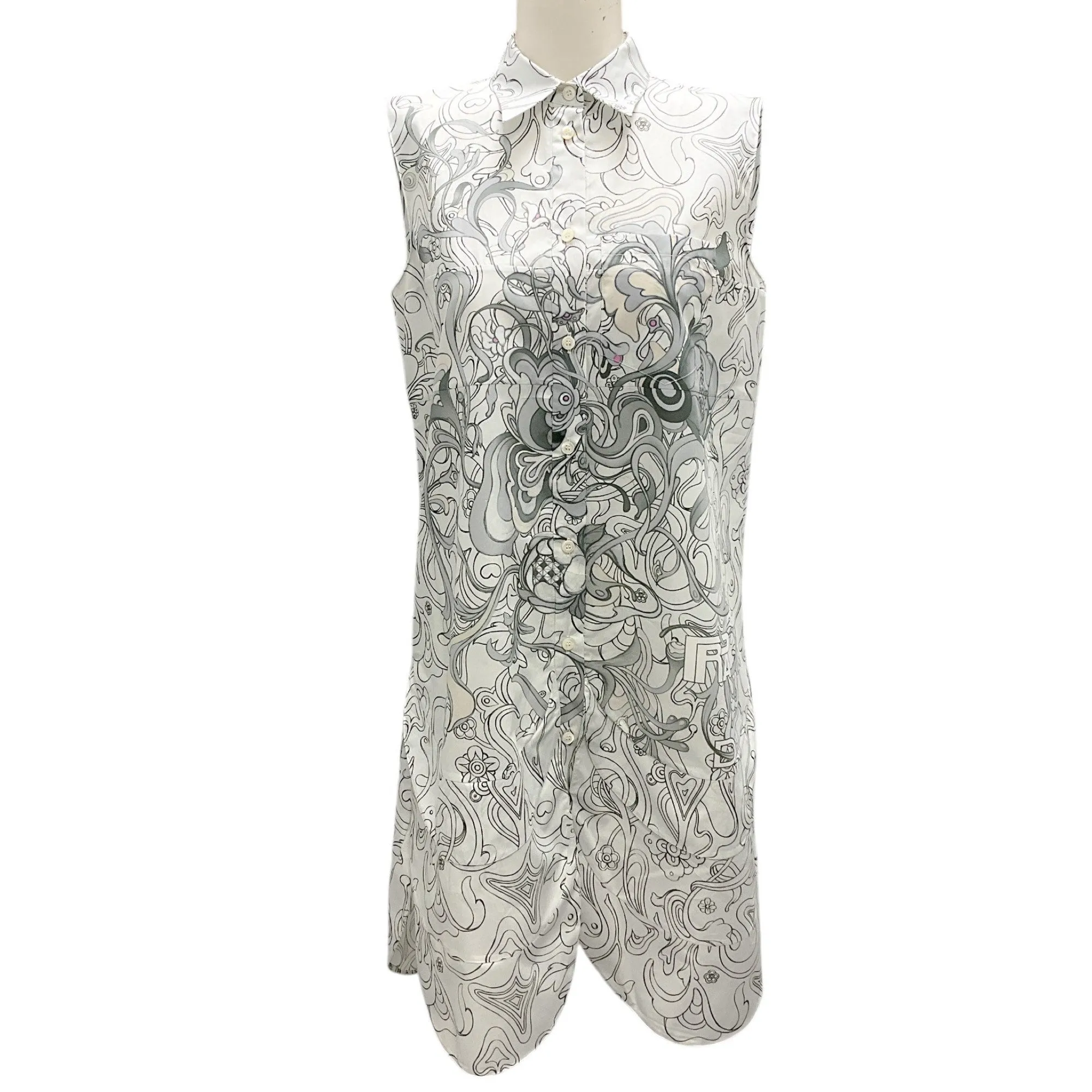 Prada White / Grey 2017 Printed Sleeveless Button-front Cotton Dress