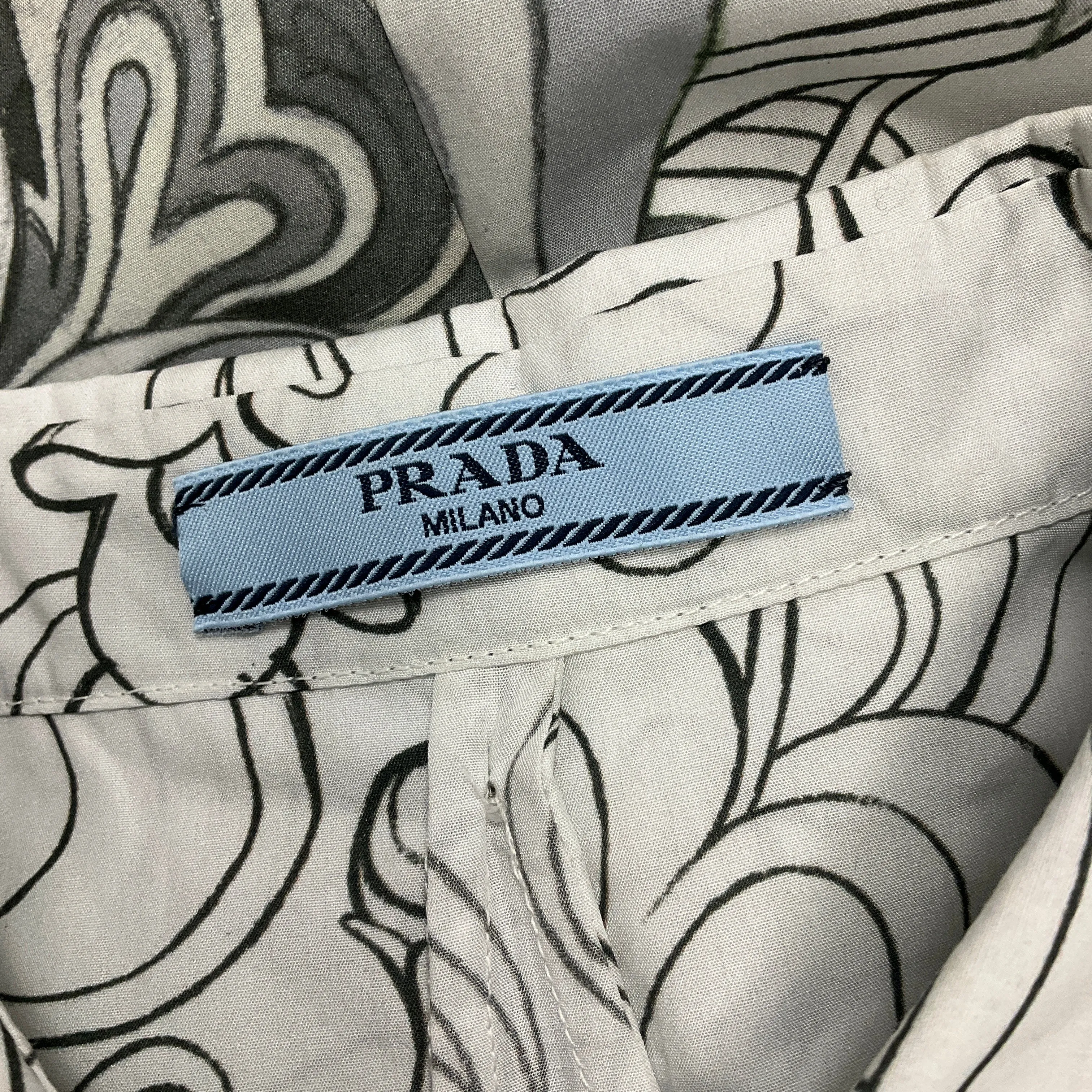 Prada White / Grey 2017 Printed Sleeveless Button-front Cotton Dress