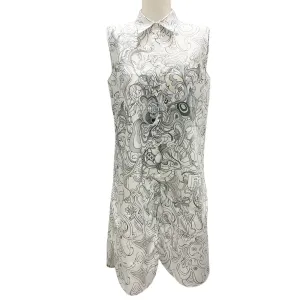 Prada White / Grey 2017 Printed Sleeveless Button-front Cotton Dress