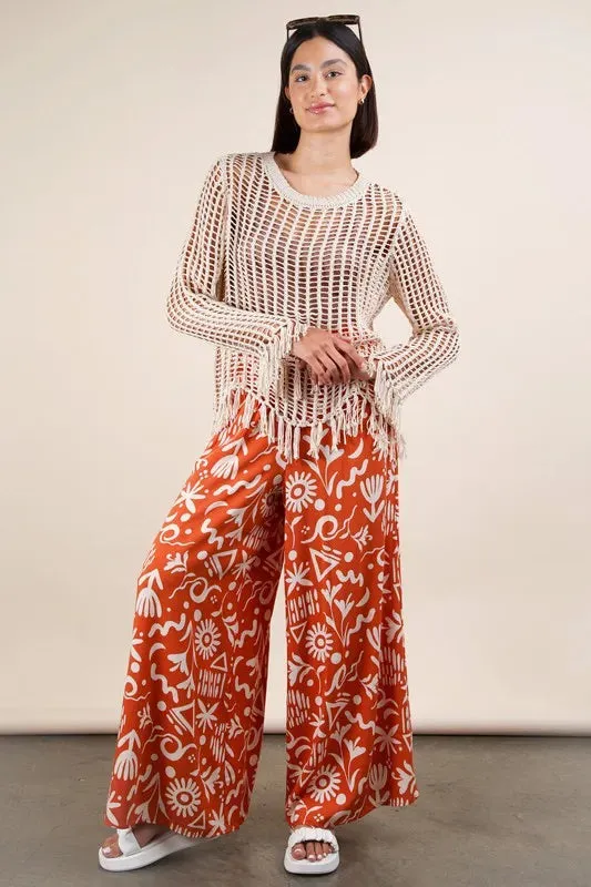Printed Wide Leg Pants with Pockets & Drawstring