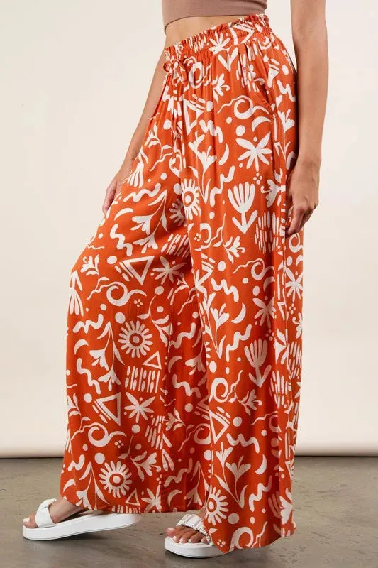 Printed Wide Leg Pants with Pockets & Drawstring