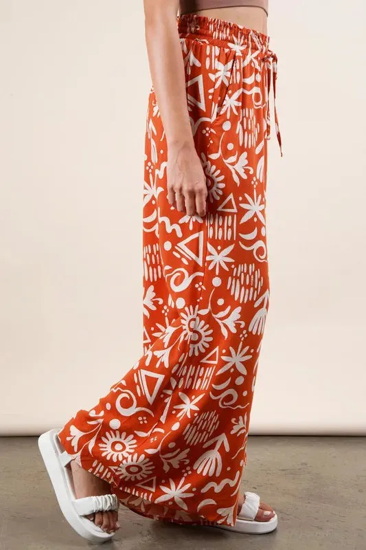 Printed Wide Leg Pants with Pockets & Drawstring