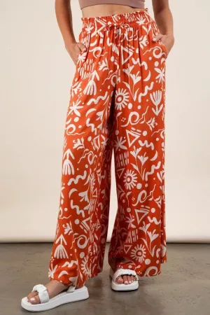 Printed Wide Leg Pants with Pockets & Drawstring